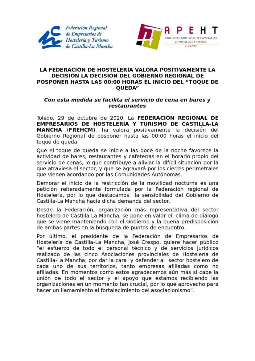 Valoración de los hosteleros a la decisión de posponer el inicio del toque de queda hasta las 00:00h