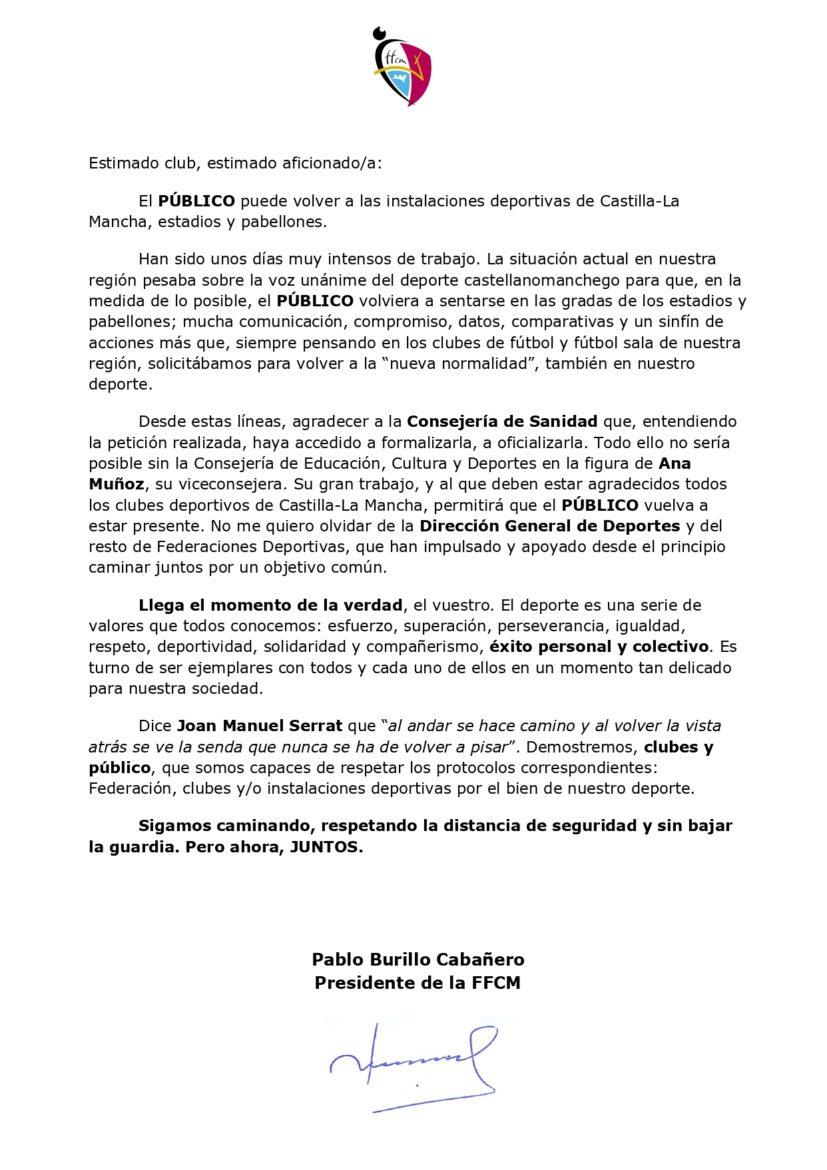 Carta de Pablo Burillo dirigida a los clubes y aficionados de la región