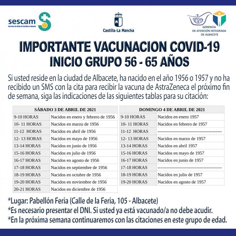 Sanidad inicia la vacunación frente a la Covid-19 del grupo de entre 56 y 65 años de la ciudad de Albacete el próximo sábado