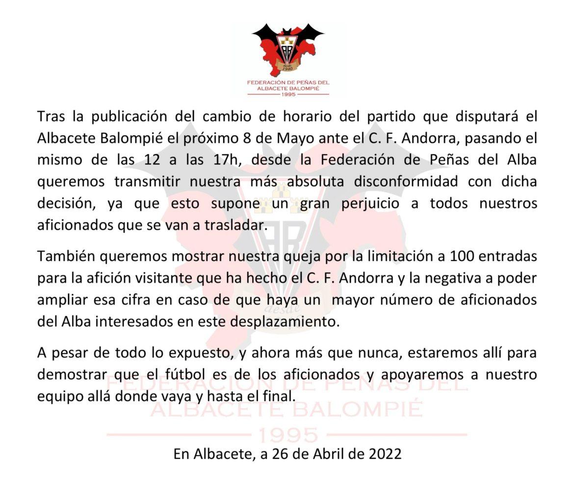 La Federación de Peñas del Alba muestra su malestar por el cambio de horario del partido de Andorra