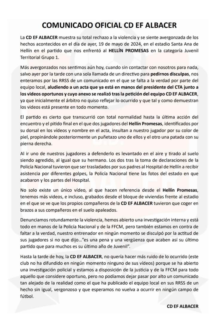 El encuentro entre el C.D Hellín Promesas y el C.D.E.F. Albacer B acabó con incidentes en formas de agresiones