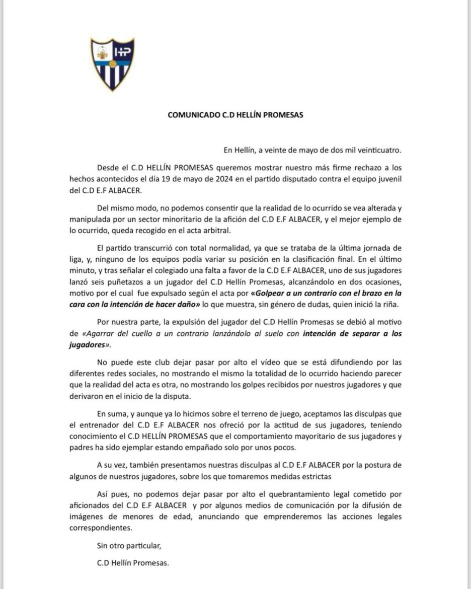 El encuentro entre el C.D Hellín Promesas y el C.D.E.F. Albacer B acabó con incidentes en formas de agresiones