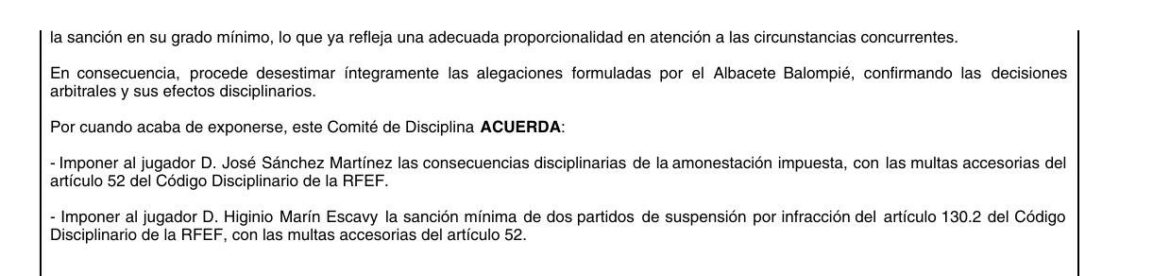 Albacete Balompié | El Comité de Disciplina castiga a Higinio con dos partidos y mantiene la amarilla a Pepe Sánchez