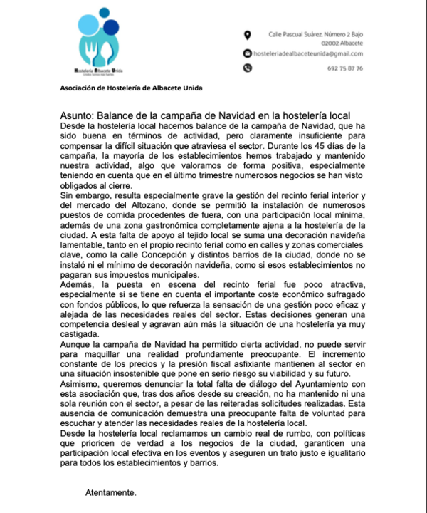 Hostelería de Albacete Unida critica la campaña navideña: "Insuficiente" frente a la crisis sectorial y falta de apoyo municipal