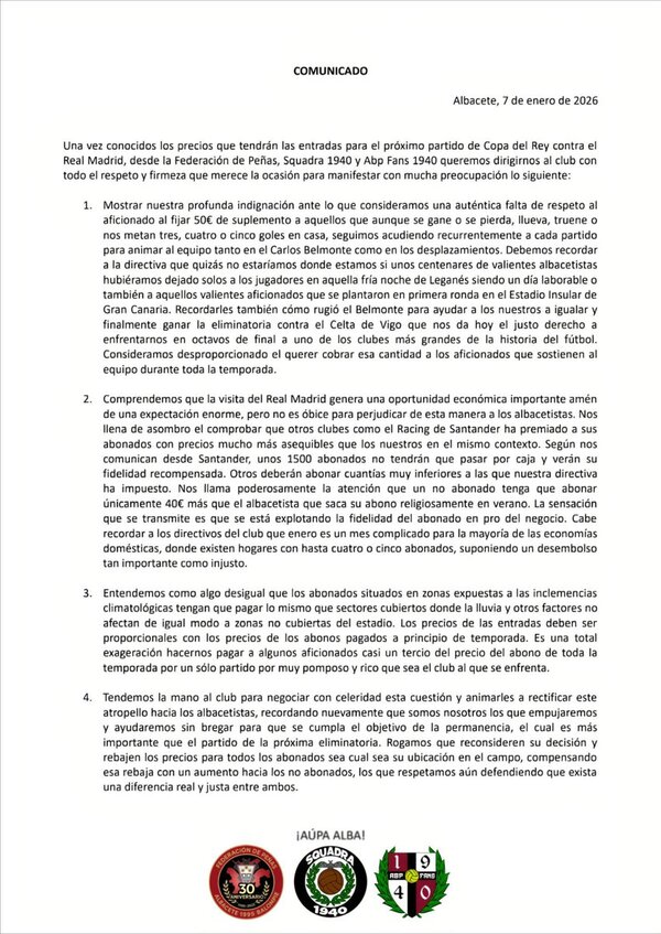 ¡Polémica en la previa copera! Peñas del Alba denuncian el "desprecio a la fidelidad" por el suplemento de 50€ ante el Real Madrid