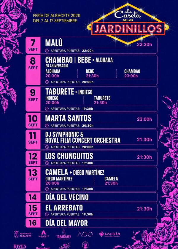 <strong>DESCUBRE LOS HORARIOS OFICIALES DE LOS CONCIERTOS DE LA FERIA DE ALBACETE 2026 EN EL VIVA, CASETA DE LOS JARDINILLOS Y ESTADIO JOSÉ COPETE</strong>