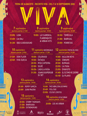 <strong>DESCUBRE LOS HORARIOS OFICIALES DE LOS CONCIERTOS DE LA FERIA DE ALBACETE 2026 EN EL VIVA, CASETA DE LOS JARDINILLOS Y ESTADIO JOSÉ COPETE</strong>