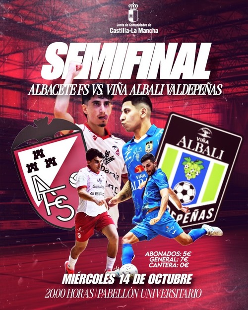 El Albacete FS recibirá al Viña Albali Valdepeñas de Primera División el próximo 14 de octubre para la disputa de la semifinal del Trofeo JCCM. El Albacete FS recibirá al Viña Albali Valdepeñas de Primera División el próximo 14 de octubre para la disputa de la semifinal del Trofeo JCCM.